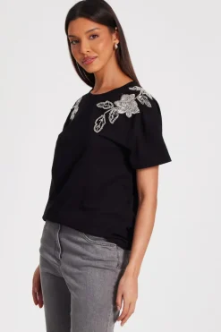 Quiz Black Floral Applique T-Shirt Sale