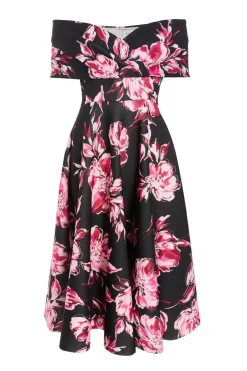 Quiz Black Floral Bardot Skater Midi Dress Hot