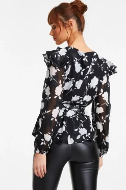 Quiz Black Floral Frill Peplum Top