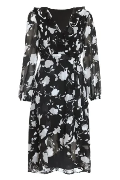 Quiz Black Floral Frill Wrap Midi Dress