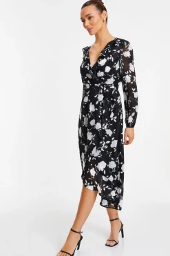 Quiz Black Floral Frill Wrap Midi Dress