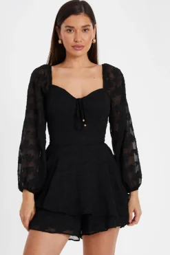 Quiz Floral Jacquard Tiered Playsuit Black Outlet