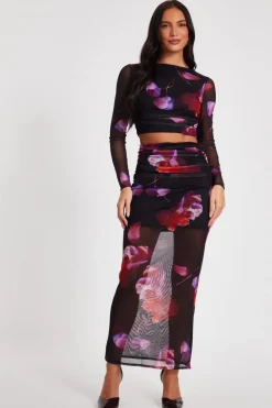 Quiz Black Floral Mesh Crop Top Sale