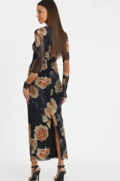 Quiz Black Floral Mesh Midaxi Dress Discount