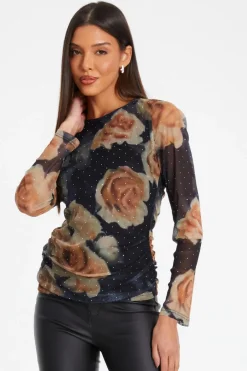 Quiz Black Floral Print Mesh Top Clearance