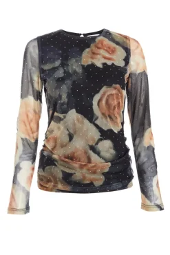 Quiz Black Floral Print Mesh Top Clearance