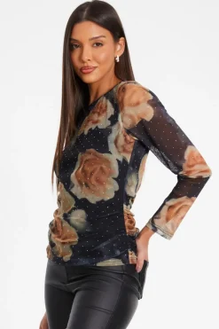 Quiz Black Floral Print Mesh Top Clearance