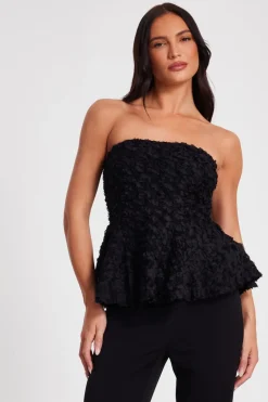 Quiz Black Floral Textured Peplum Top Online