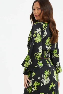 Quiz Black Floral Wrap Crop Top Hot