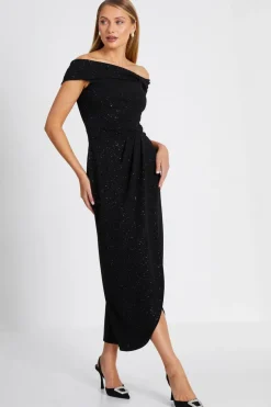 Quiz Black Glitter Bardot Midi Dress Sale