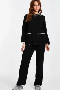 Quiz Knit Contrast Stich Jumper Black Outlet