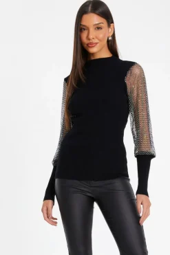 Quiz Knit Diamante Sleeve Jumper Black Discount