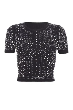 Quiz Knit Embellished Crop Top Black New