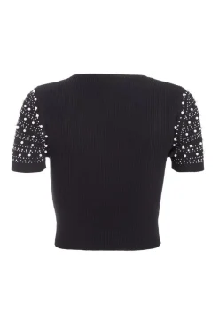 Quiz Knit Embellished Crop Top Black New
