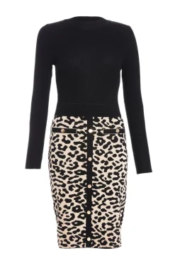 Quiz Black Knit Leopard Print Jumper Dress Online