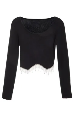 Quiz Knitted Diamante Crop Top Black Outlet