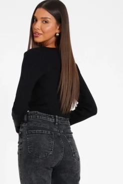 Quiz Knitted Diamante Crop Top Black Outlet