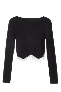 Quiz Knitted Diamante Crop Top Black Outlet