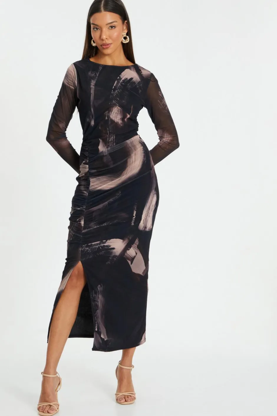 Quiz Black Marble Print Mesh Midaxi Dress