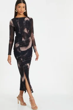 Quiz Black Marble Print Mesh Midaxi Dress