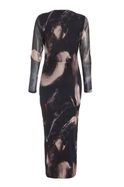 Quiz Black Marble Print Mesh Midaxi Dress