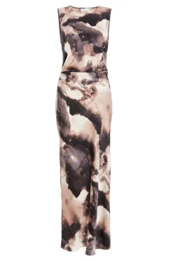 Quiz Black Marble Print Satin Ruched Midaxi Dress Outlet