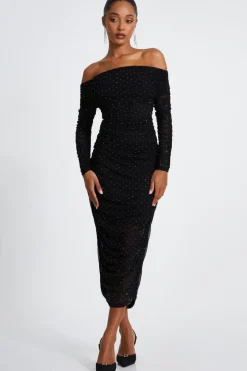 Quiz Black Mesh Bardot Midaxi Dress Discount