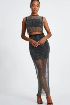 Quiz Black Mesh Diamante Midaxi Skirt Online