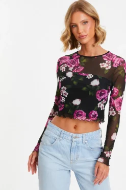Quiz Black Mesh Floral Crop Top Discount