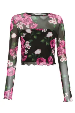 Quiz Black Mesh Floral Crop Top Discount
