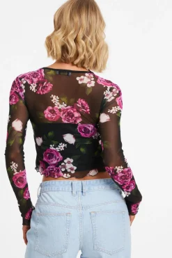 Quiz Black Mesh Floral Crop Top Discount