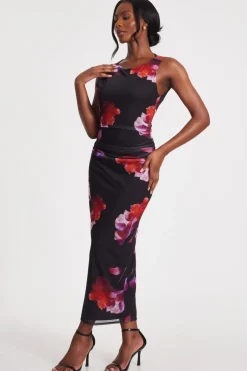 Quiz Black Mesh Floral Midaxi Dress Outlet