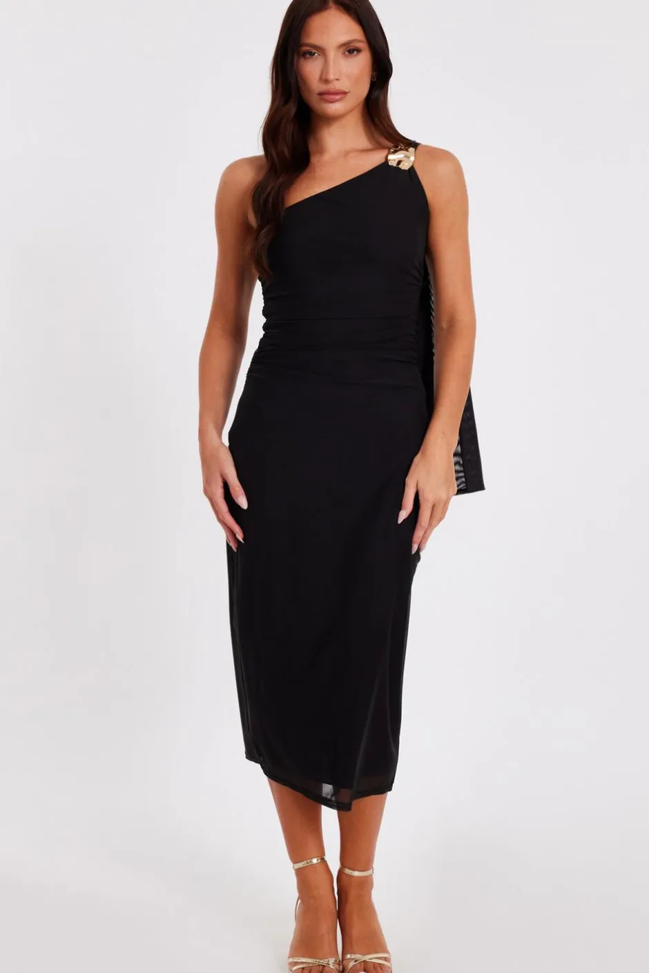 Quiz Mesh One Shoulder Midi Dress Black Discount