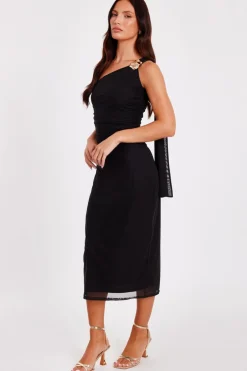 Quiz Mesh One Shoulder Midi Dress Black Discount