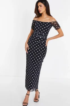 Quiz Black Mesh Polka Dot Bardot Midaxi Dress Sale