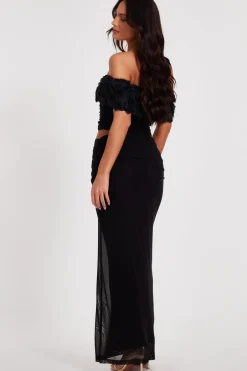 Quiz Mesh Ruched Midaxi Skirt Black