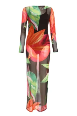 Quiz Black Mesh Tropical Print Maxi Dress Outlet