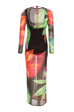 Quiz Black Mesh Tropical Print Maxi Dress Outlet