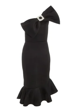 Quiz Black One Shoulder Bow Midi Dress New