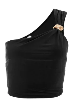 Quiz One Shoulder Crop Top Black Clearance