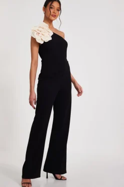 Quiz One Shoulder Floral Jumpsuit Black Discount