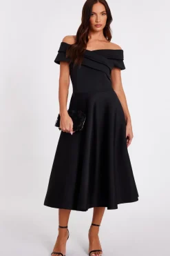 Quiz Pleated Bardot Midaxi Dress Black Hot