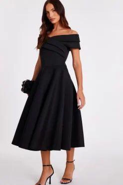Quiz Pleated Bardot Midaxi Dress Black Hot