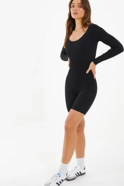 Quiz Black Ribbed Long Sleeve Playsuit Hot