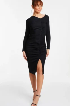 Quiz Black Ruched Asymetric Midi Dress New