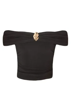 Quiz Ruched Bardot Crop Top Black Sale