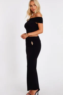 Quiz Ruched Bardot Crop Top Black Sale