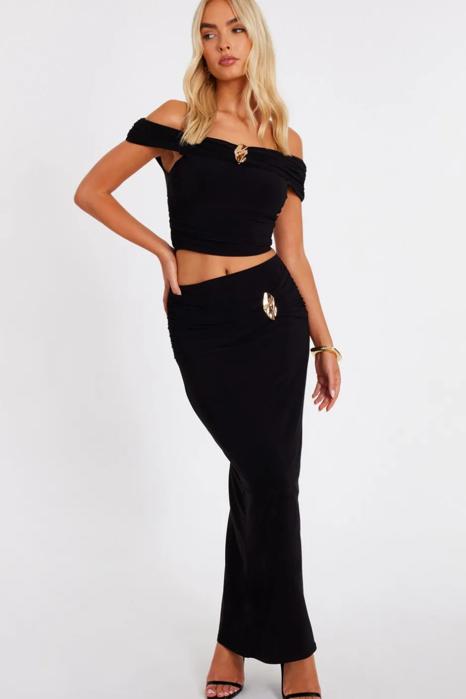 Quiz Black Ruched Waist Maxi Skirt Online