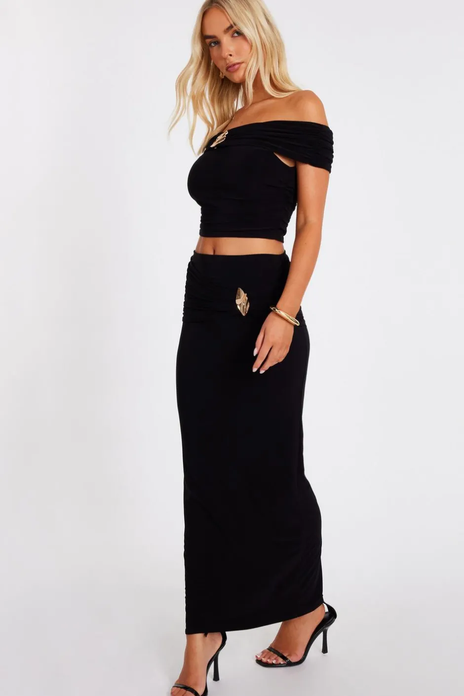 Quiz Black Ruched Waist Maxi Skirt Online