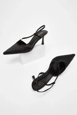 Quiz Satin Asymmetric Court Heels Black Outlet